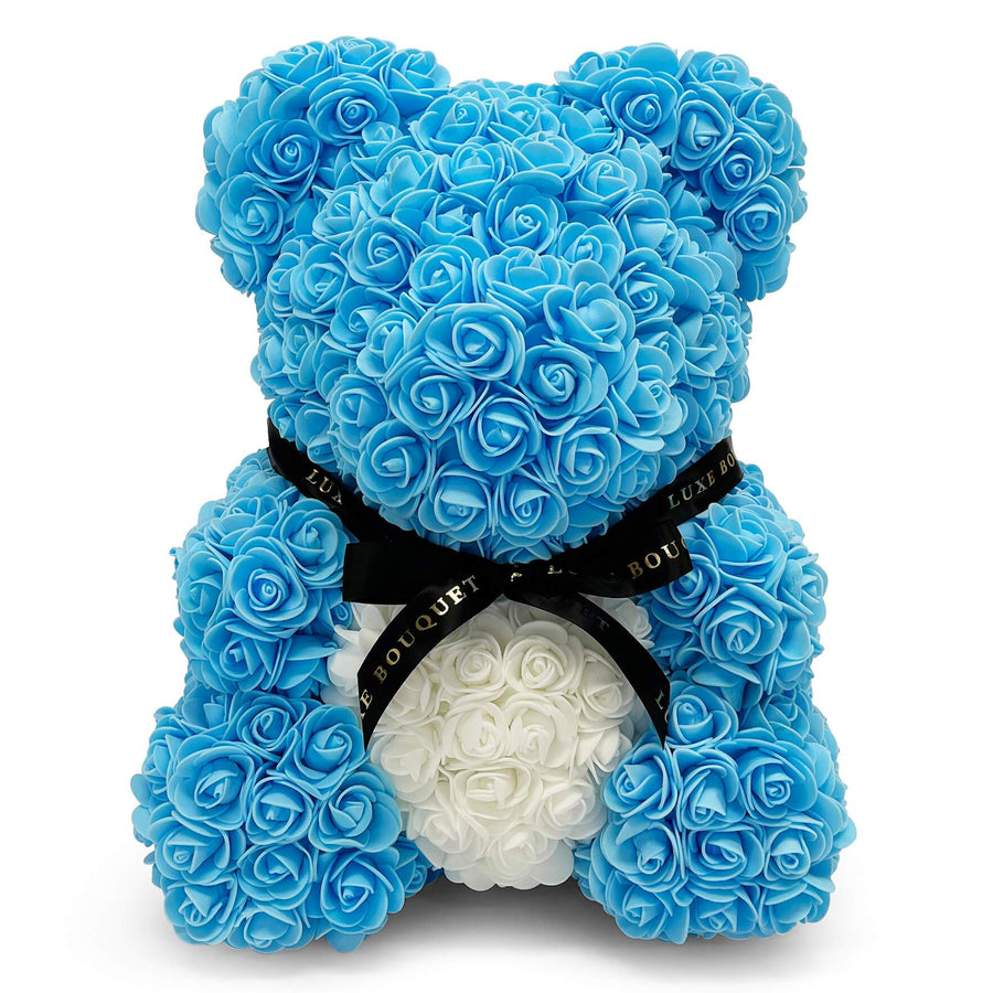 Blue with White Heart Luxe Rose Bear - 40cm - LUXE BOUQUET roses that last a year