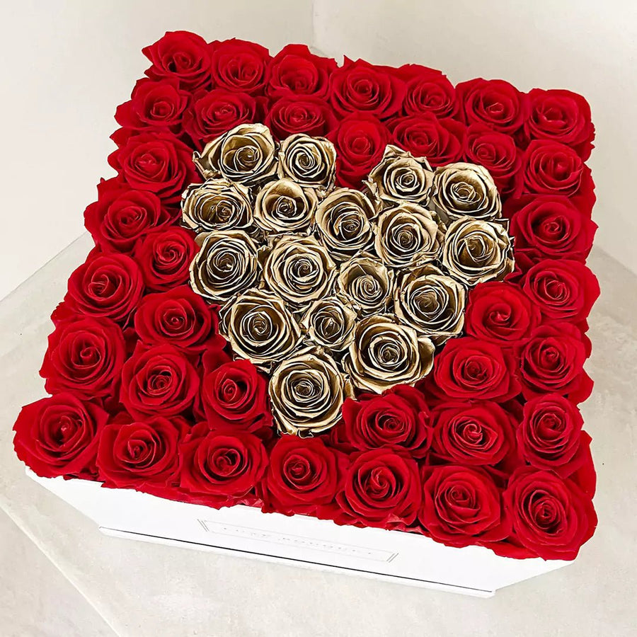 Everlasting Heart Box - Red and Gold Everlasting Roses - Luxe Bouquet roses that last a year