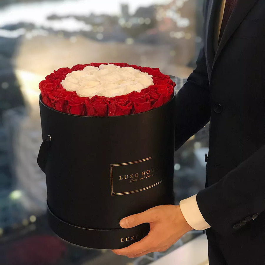 Grand Luxe Bouquet Box - White and Red Roses - Luxe Bouquet roses that last a year