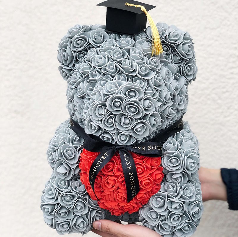 Grey Heart Luxe Rose Bear - 40cm - Luxe Bouquet roses that last a year