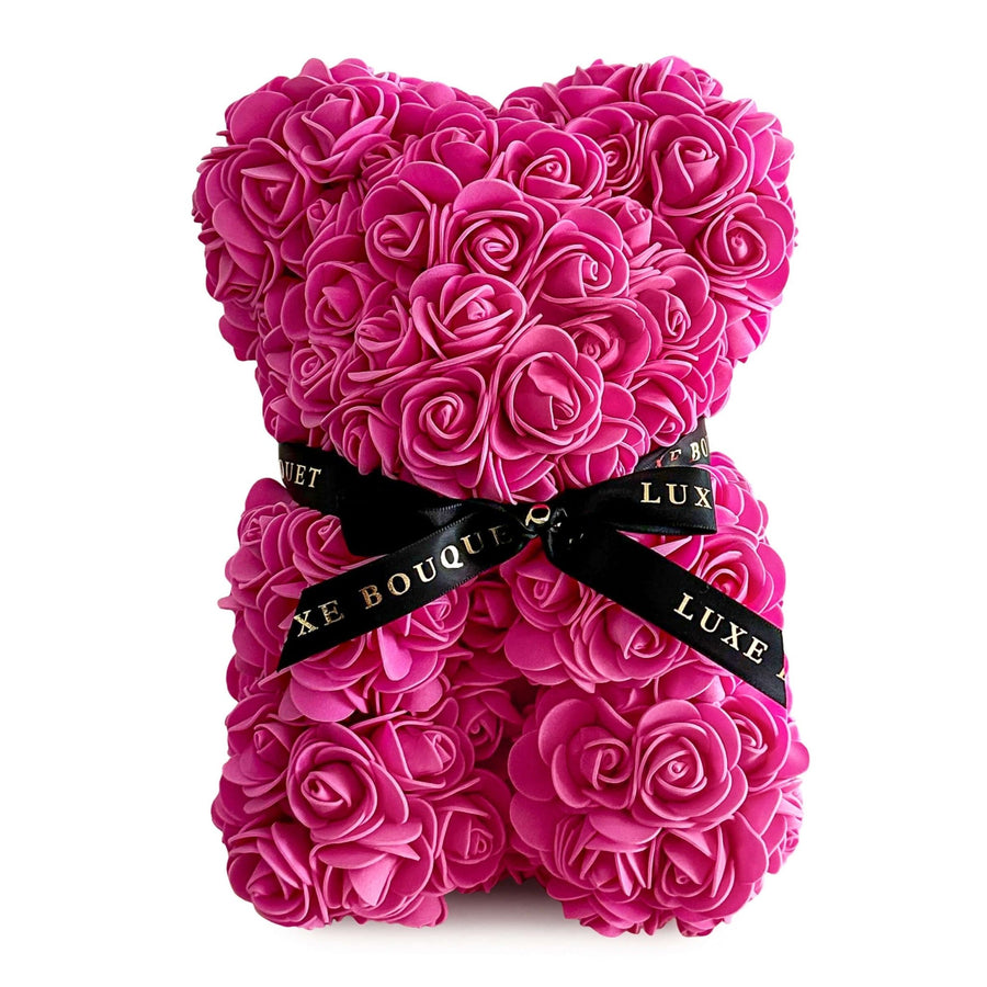 Mini Fuchsia Pink Rose Bear - 25cm (Free Gift Box) - Luxe Bouquet roses that last a year