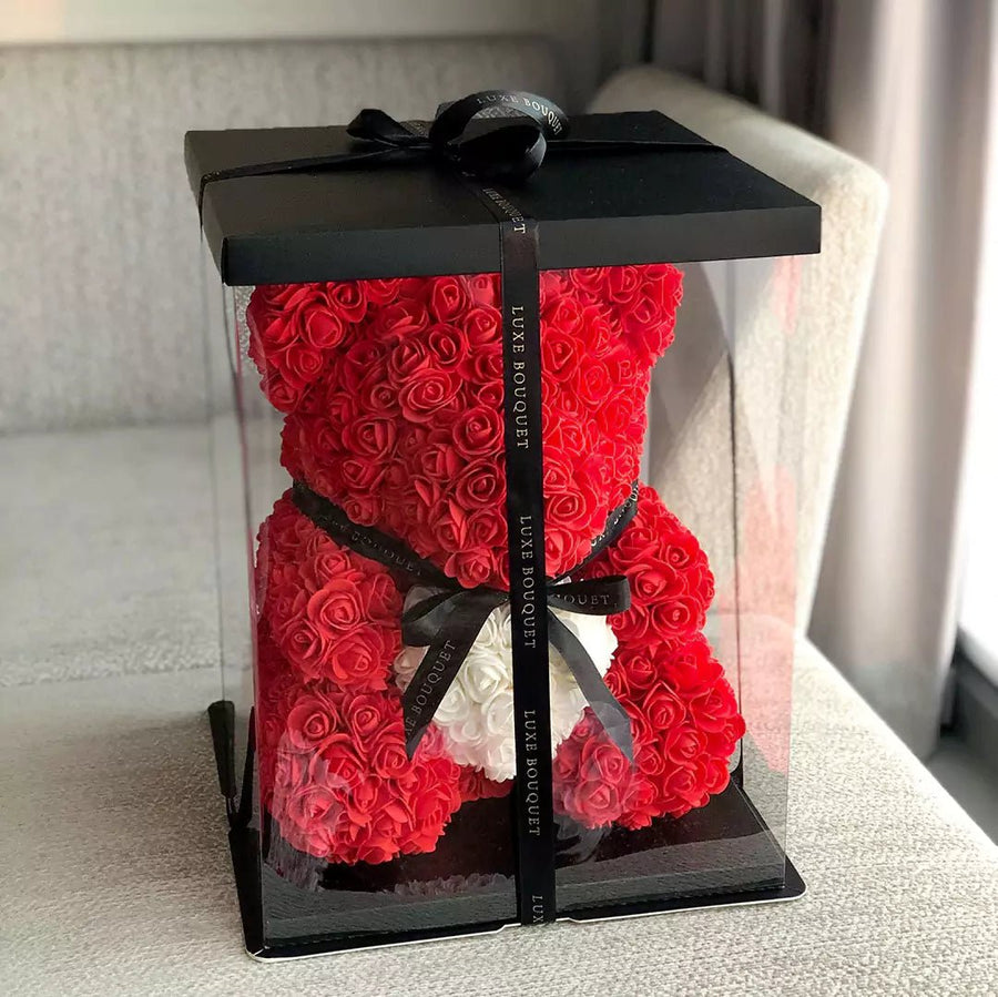 Red Heart Luxe Rose Bear - 40cm - Luxe Bouquet roses that last a year