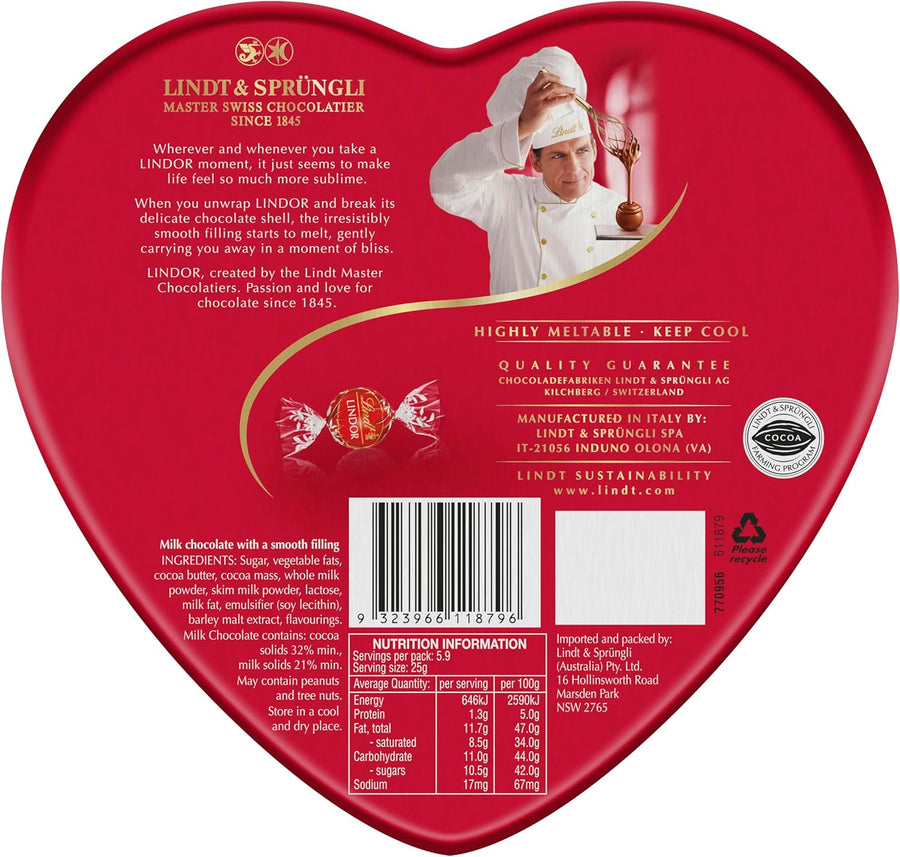 Lindt LINDOR Heart Tin Milk Chocolate 147g - Luxe Bouquet roses that last a year