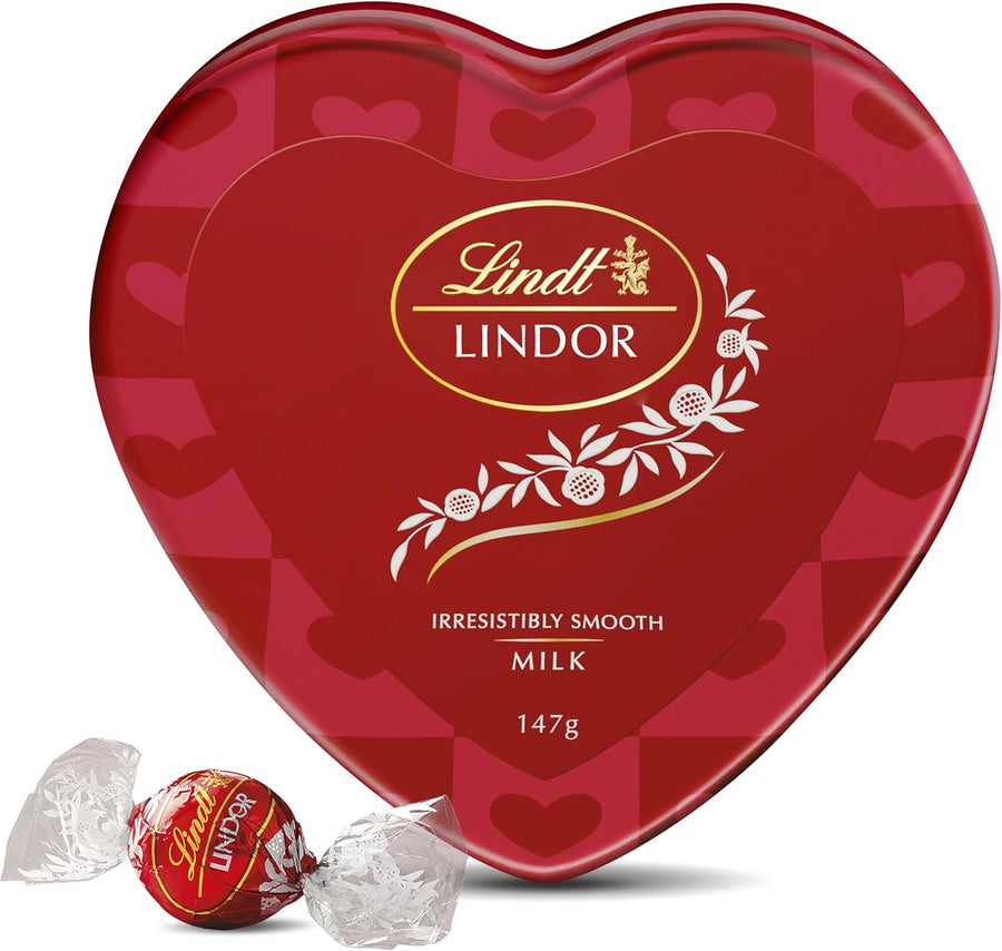 Lindt LINDOR Heart Tin Milk Chocolate 147g - Luxe Bouquet roses that last a year