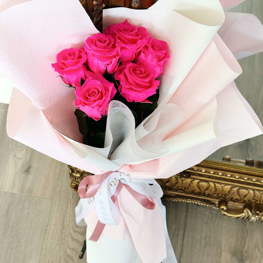 6 Long Stemmed Everlasting Rose Bouquet - Fuchsia Pink - Luxe Bouquet roses that last a year