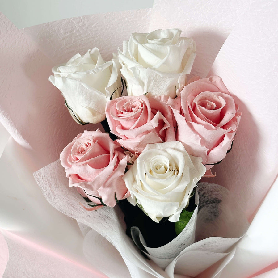 6 Long Stemmed Everlasting Rose Bouquet - White and Pink - Luxe Bouquet roses that last a year