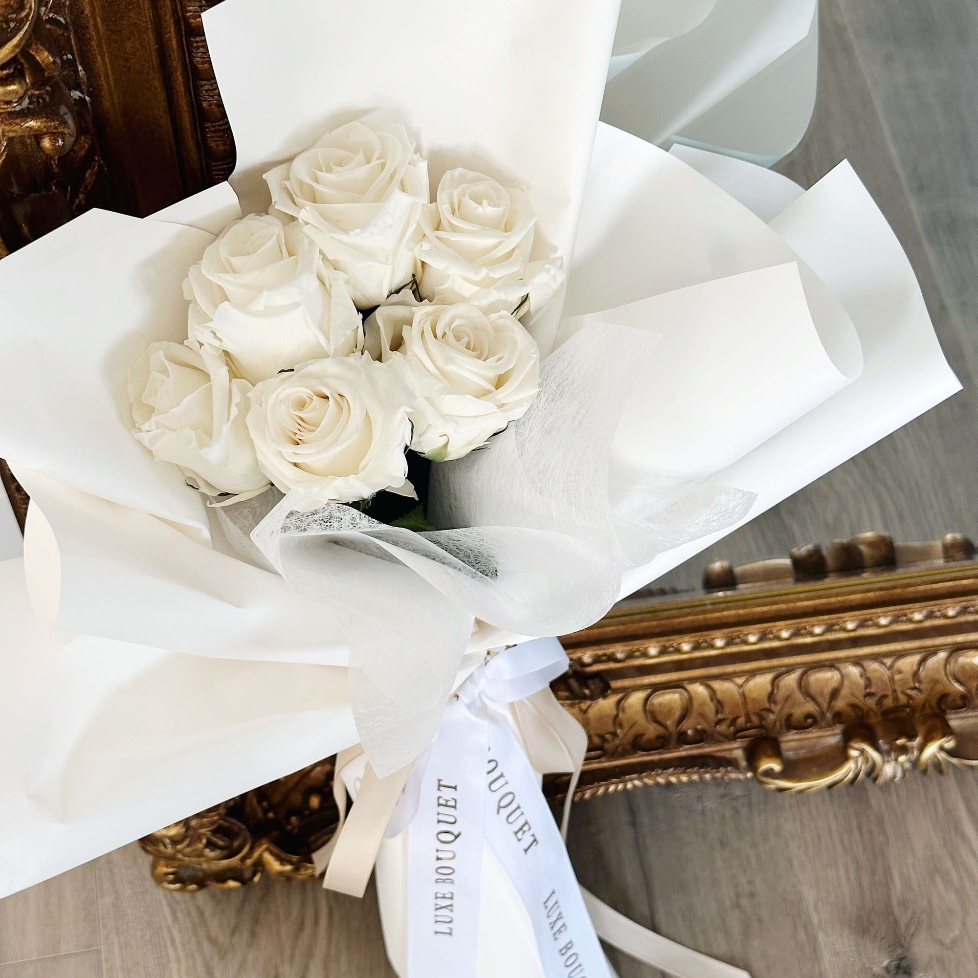 6 Long Stemmed Everlasting Rose Bouquet - White