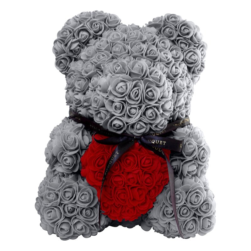 Grey Heart Luxe Rose Bear - 40cm - Luxe Bouquet roses that last a year