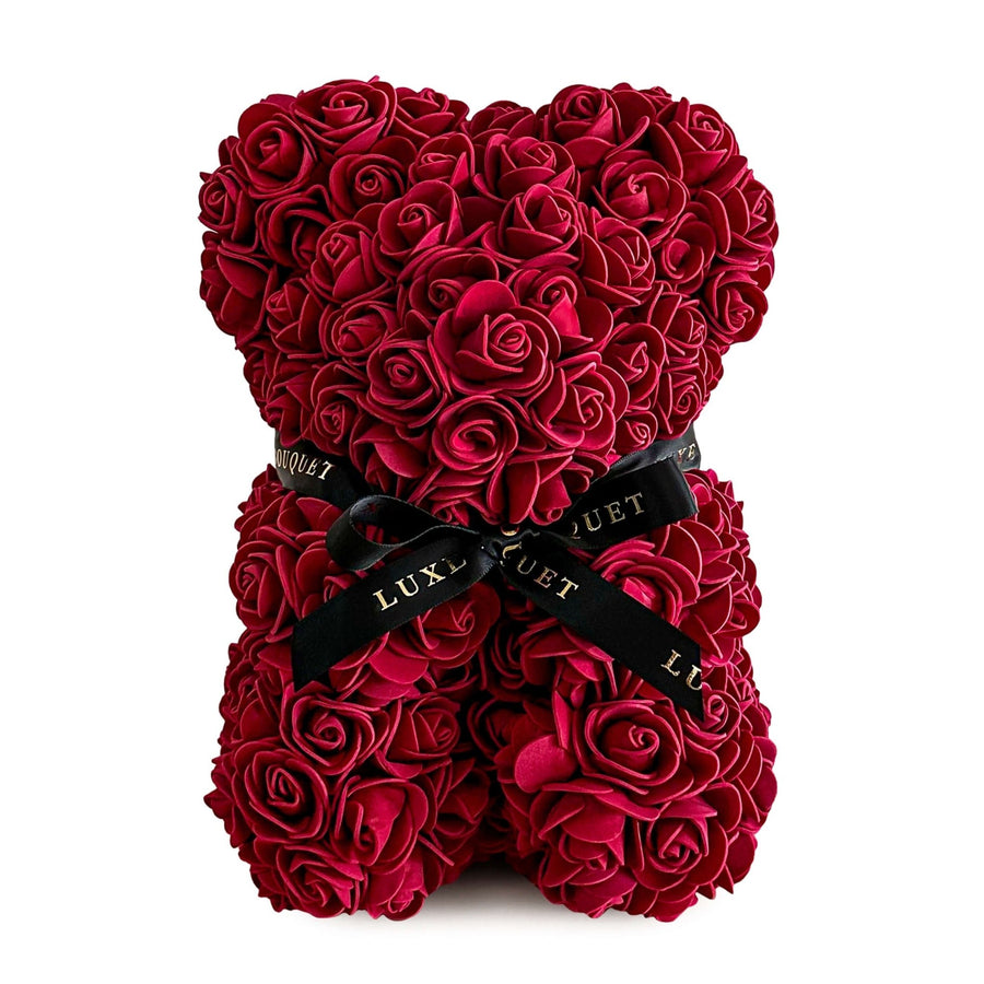 Mini Burgundy Rose Bear - 25cm (Free Gift Box) - Luxe Bouquet roses that last a year