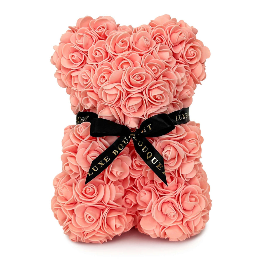 Mini Peach Rose Bear - 25cm (Free Gift Box) - Luxe Bouquet roses that last a year