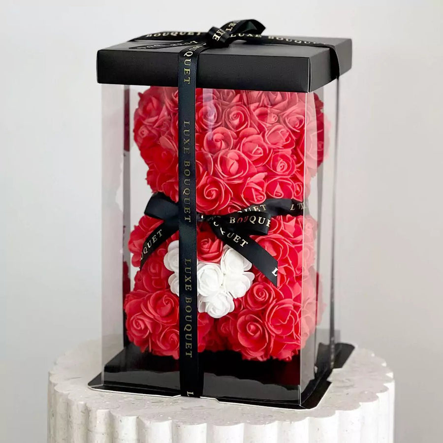 Mini Red Heart Luxe Rose Bear - 25cm (Free Gift Box) - Luxe Bouquet roses that last a year