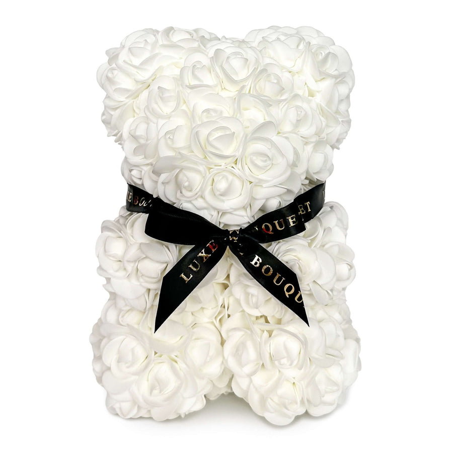 Mini White Rose Bear - 25cm (Free Gift Box) - Luxe Bouquet roses that last a year
