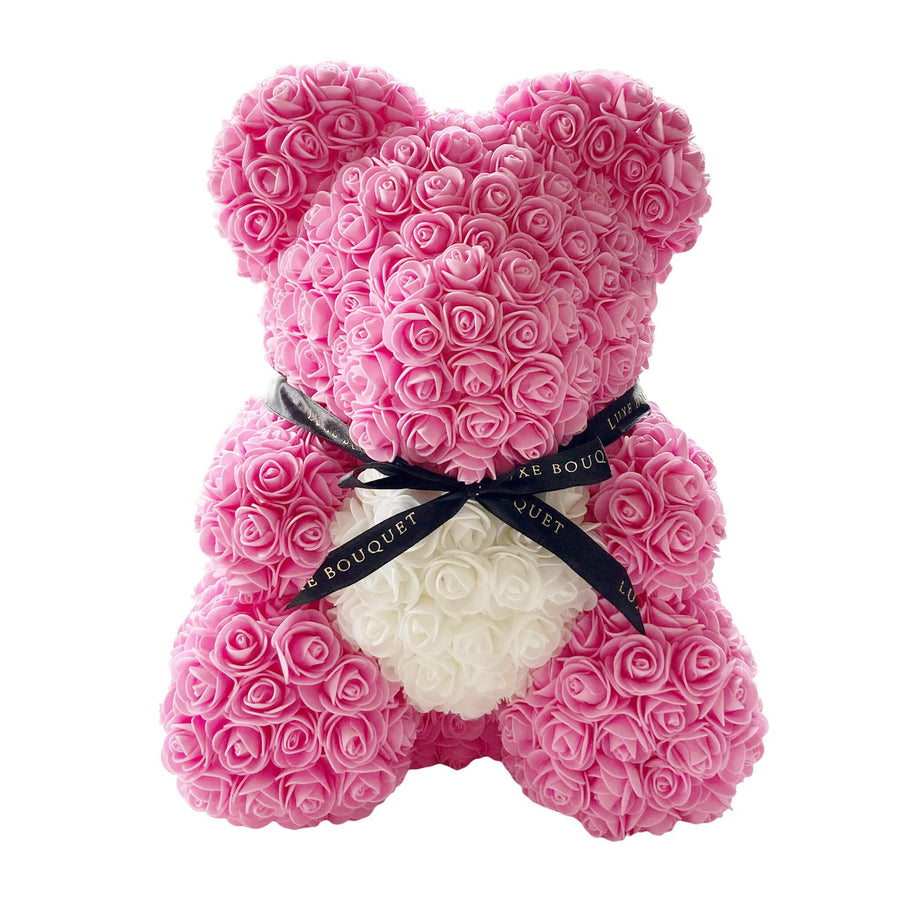 Pink Heart Luxe Rose Bear - 40cm - Luxe Bouquet roses that last a year
