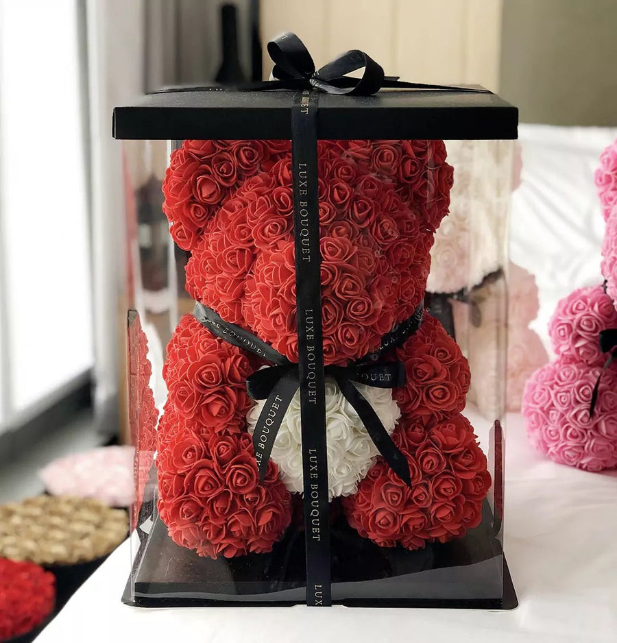 Red Heart Luxe Rose Bear - 40cm - Luxe Bouquet roses that last a year