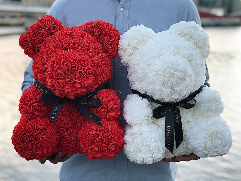 Red flower teddy bear deals