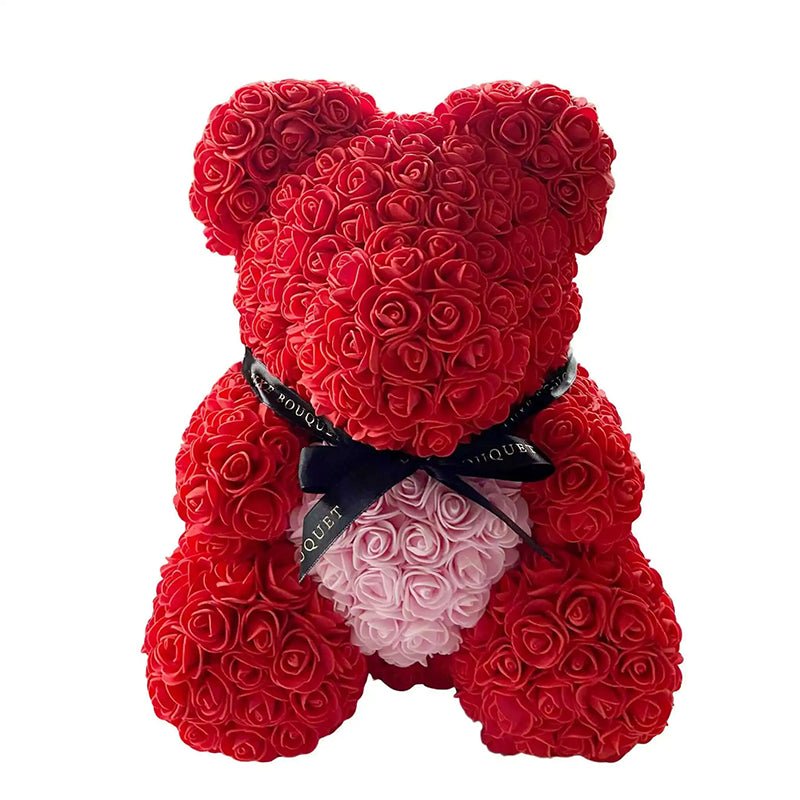 Red Luxe Rose Bear (Pink Heart) - 40cm - Luxe Bouquet roses that last a year
