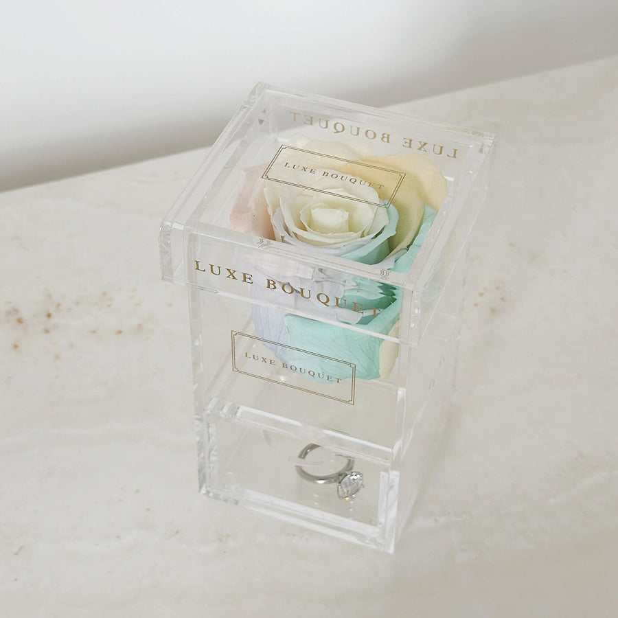 Single Rose Acrylic With Storage Drawer - Pastel Rainbow Rose - Luxe Bouquet roses that last a year