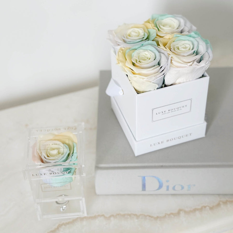 Single Rose Acrylic With Storage Drawer - Pastel Rainbow Rose - Luxe Bouquet roses that last a year