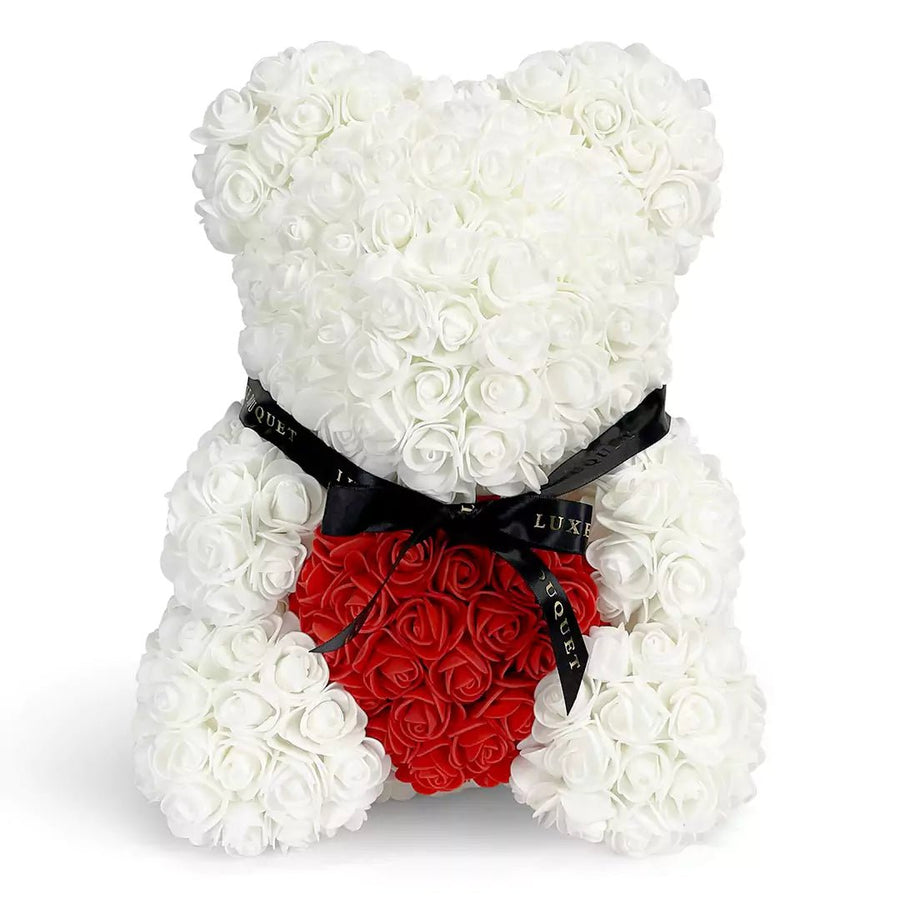 White Heart Luxe Rose Bear - 40cm - Luxe Bouquet roses that last a year