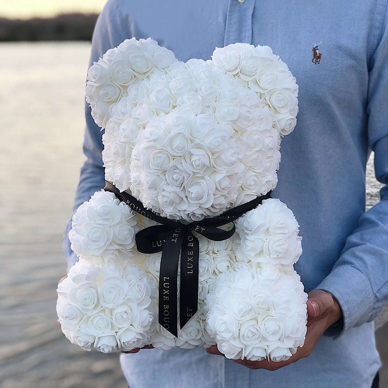 White Luxe Rose Bear - 40cm - Luxe Bouquet roses that last a year